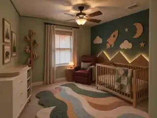 The nursery with mountain, woodland and space details for our little boy.